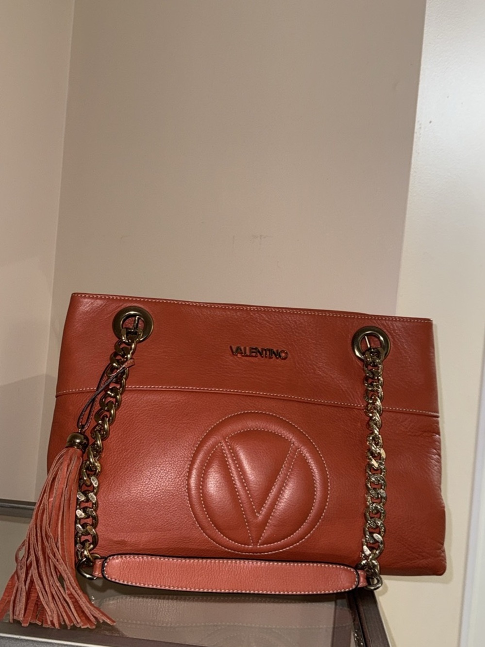 Valentino Coral-Orange Leather Chain Shoulder Bag